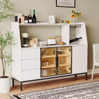 Meuble de rangement moderne, buffet décoratif avec 3 tiroirs et portes en verre ; le buffet peut contenir des verres à vin