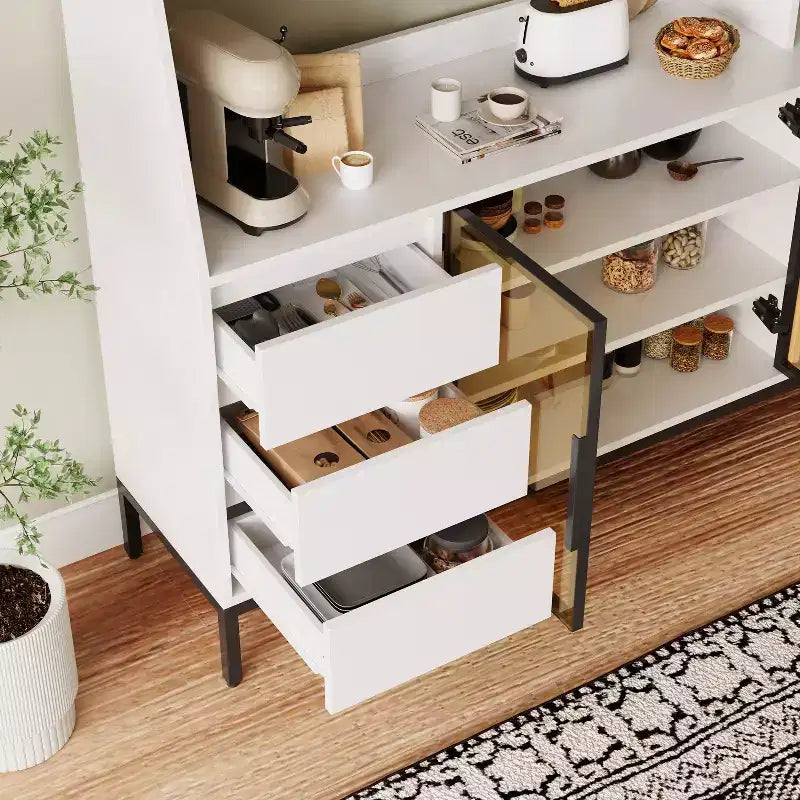Meuble de rangement moderne, buffet décoratif avec 3 tiroirs et portes en verre ; le buffet peut contenir des verres à vin