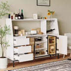 Meuble de rangement moderne, buffet décoratif avec 3 tiroirs et portes en verre ; le buffet peut contenir des verres à vin