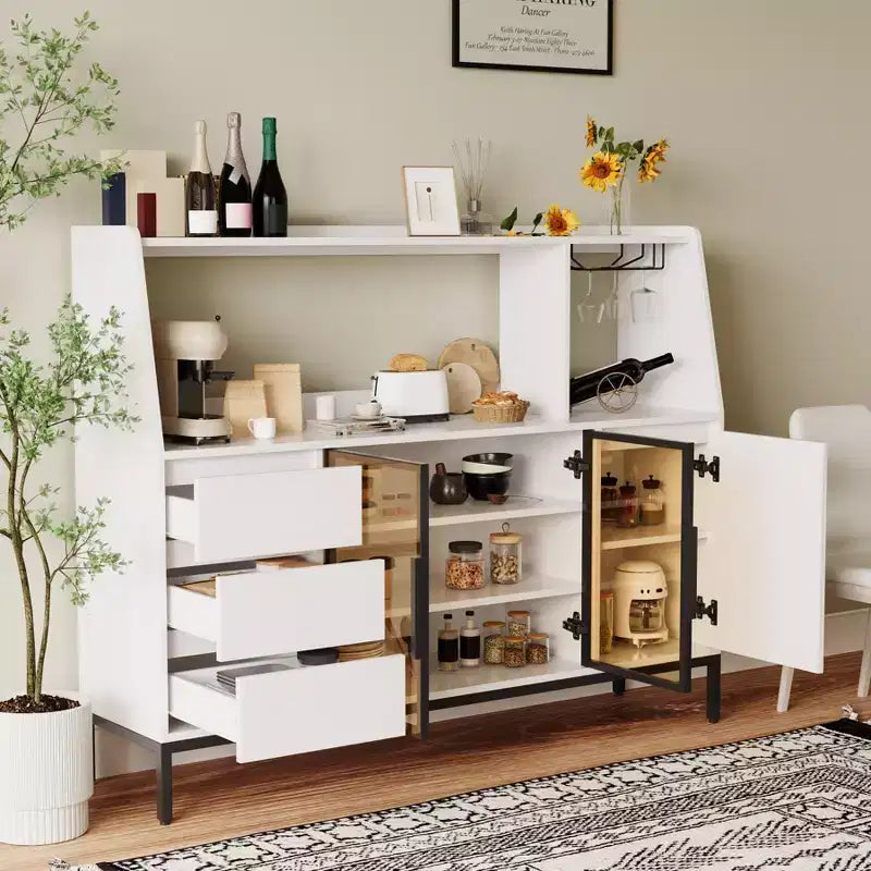 Meuble de rangement moderne, buffet décoratif avec 3 tiroirs et portes en verre ; le buffet peut contenir des verres à vin