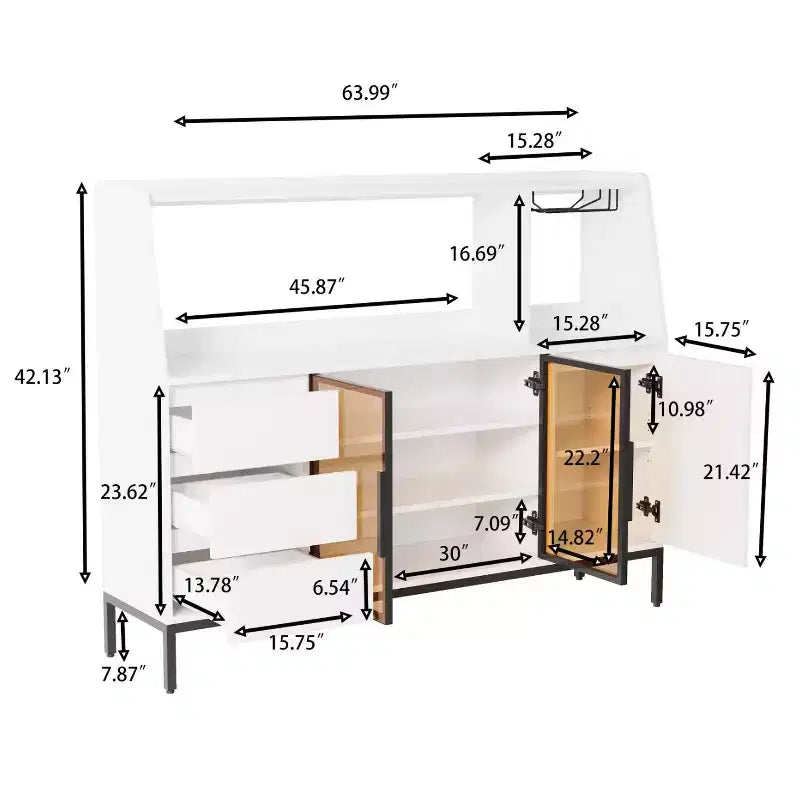 Meuble de rangement moderne, buffet décoratif avec 3 tiroirs et portes en verre ; le buffet peut contenir des verres à vin