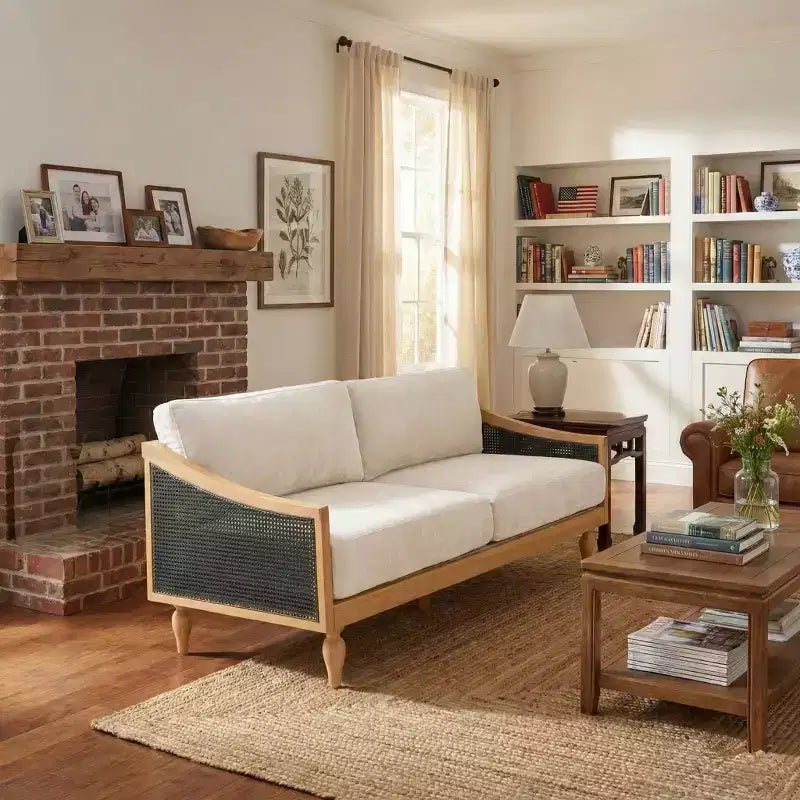 Christopher Knight Home Sachiko 70.9 Mid-Century Modern 2-Seater Rubberwood Chenille Upholstered Sofa with Rattan Armrests