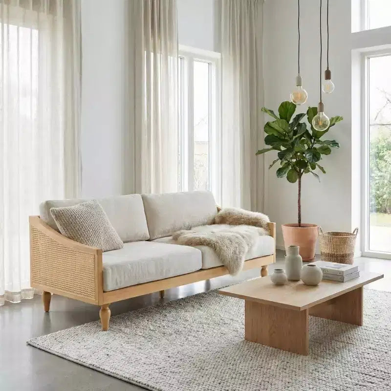Christopher Knight Home Sachiko Canapé 2 Places Moderne du Milieu du Siècle 70,9" en Bois d'Hévéa et Chenille avec Accoudoirs en Rotin
