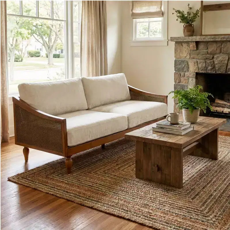 Christopher Knight Home Sachiko Canapé 2 Places Moderne du Milieu du Siècle 70,9" en Bois d'Hévéa et Chenille avec Accoudoirs en Rotin