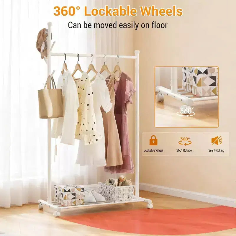 Portant à Vêtements, Penderie Métallique avec 5 Crochets Latéraux, Étagère Inférieure et Roues Verrouillables pour Chambre, Couloir, Magasins de Vêtements