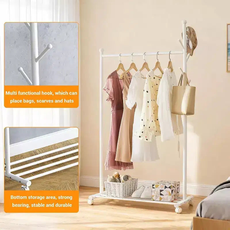 Portant à Vêtements, Penderie Métallique avec 5 Crochets Latéraux, Étagère Inférieure et Roues Verrouillables pour Chambre, Couloir, Magasins de Vêtements