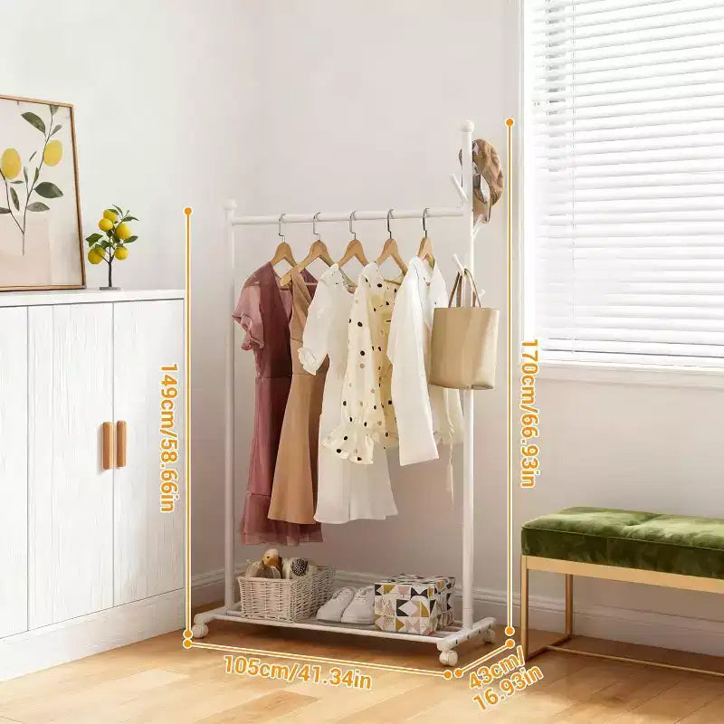 Portant à Vêtements, Penderie Métallique avec 5 Crochets Latéraux, Étagère Inférieure et Roues Verrouillables pour Chambre, Couloir, Magasins de Vêtements