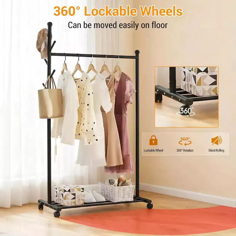 Portant à Vêtements, Penderie Métallique avec 5 Crochets Latéraux, Étagère Inférieure et Roues Verrouillables pour Chambre, Couloir, Magasins de Vêtements