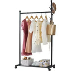 Clothes Rack, Garment Rack  Metal Clothing Rail with 5 Side Hooks Bottom Storage Shelf Lockable Wheels for Bedroom Hallway Clothing Stores