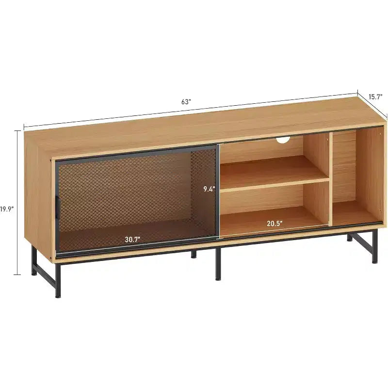Meuble TV industriel Acekool avec portes coulissantes en maille métallique, meuble en bois moderne, pieds en métal, gestion des câbles, pour salon