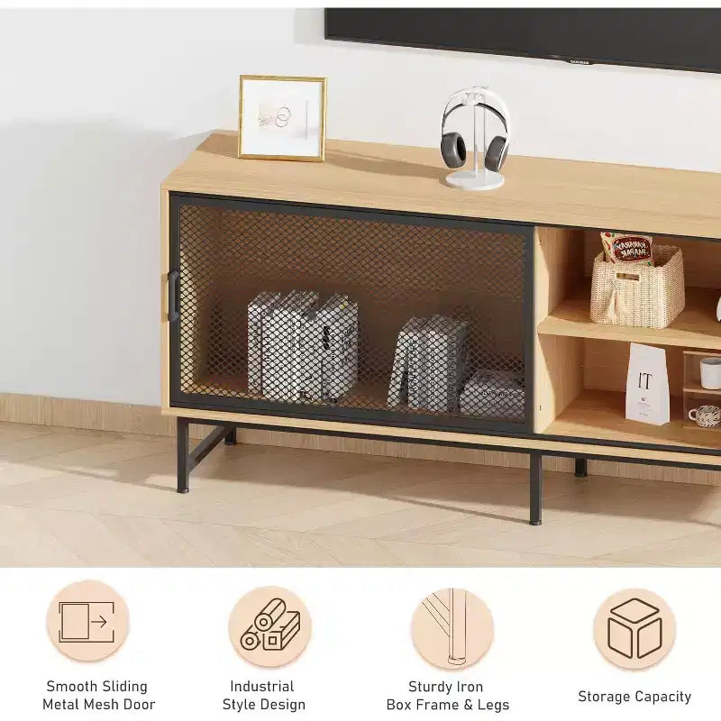 Meuble TV industriel Acekool avec portes coulissantes en maille métallique, meuble en bois moderne, pieds en métal, gestion des câbles, pour salon