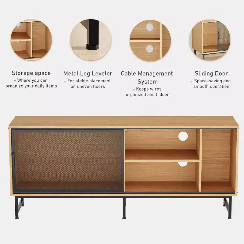 Meuble TV industriel Acekool avec portes coulissantes en maille métallique, meuble en bois moderne, pieds en métal, gestion des câbles, pour salon