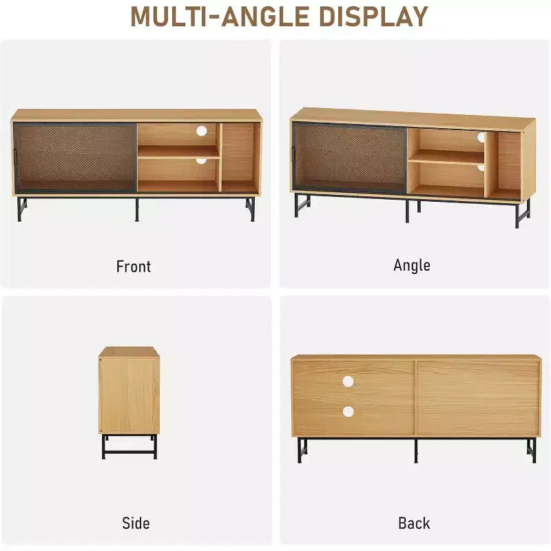 Meuble TV industriel Acekool avec portes coulissantes en maille métallique, meuble en bois moderne, pieds en métal, gestion des câbles, pour salon