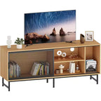 Meuble TV industriel Acekool avec portes coulissantes en maille métallique, meuble en bois moderne, pieds en métal, gestion des câbles, pour salon