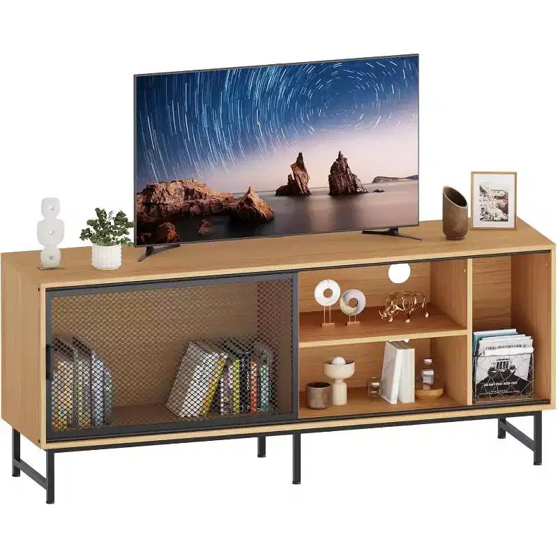 Meuble TV industriel Acekool avec portes coulissantes en maille métallique, meuble en bois moderne, pieds en métal, gestion des câbles, pour salon