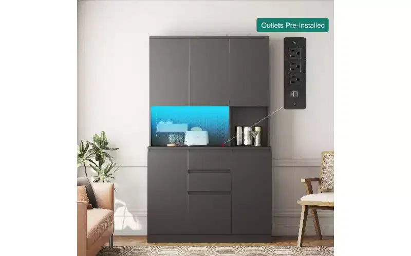 TUYOHW Buffet autoportant avec vaisselier, armoire de garde-manger à 6 portes, armoire polyvalente et meuble de rangement de cuisine avec station de charge