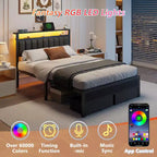 Cadre de lit plateforme complet avec lumières LED, station de charge, tête de lit de rangement, 2 tiroirs en tissu, support métallique rembourré gris, aucun sommier tapissier requis