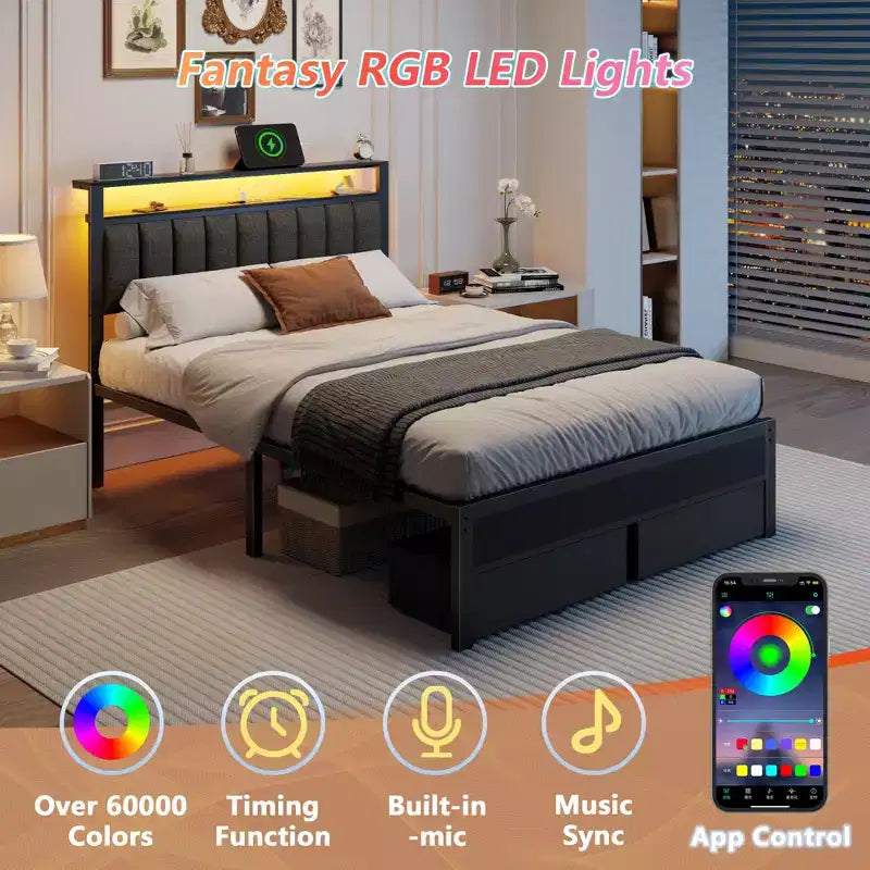Cadre de lit plateforme complet avec lumières LED, station de charge, tête de lit de rangement, 2 tiroirs en tissu, support métallique rembourré gris, aucun sommier tapissier requis
