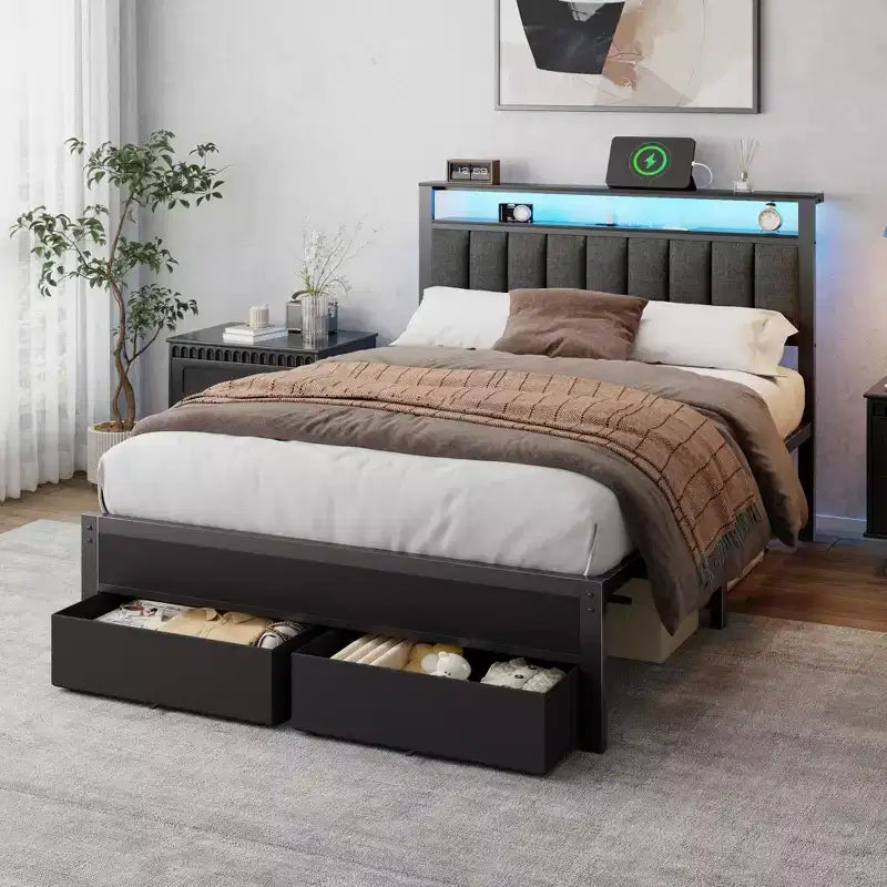 Cadre de lit plateforme complet avec lumières LED, station de charge, tête de lit de rangement, 2 tiroirs en tissu, support métallique rembourré gris, aucun sommier tapissier requis