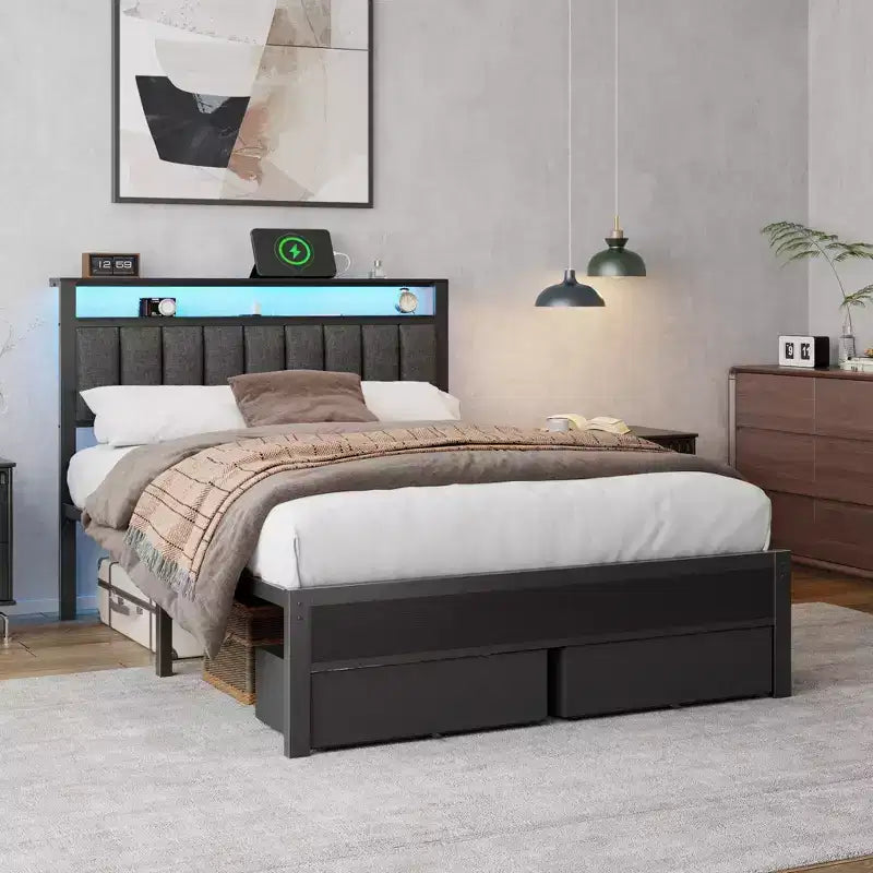 Cadre de lit plateforme complet avec lumières LED, station de charge, tête de lit de rangement, 2 tiroirs en tissu, support métallique rembourré gris, aucun sommier tapissier requis