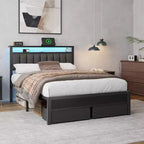 Cadre de lit plateforme complet avec lumières LED, station de charge, tête de lit de rangement, 2 tiroirs en tissu, support métallique rembourré gris, aucun sommier tapissier requis