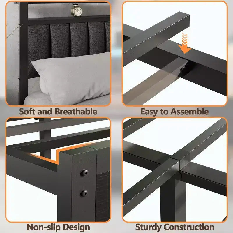 Cadre de lit plateforme complet avec lumières LED, station de charge, tête de lit de rangement, 2 tiroirs en tissu, support métallique rembourré gris, aucun sommier tapissier requis