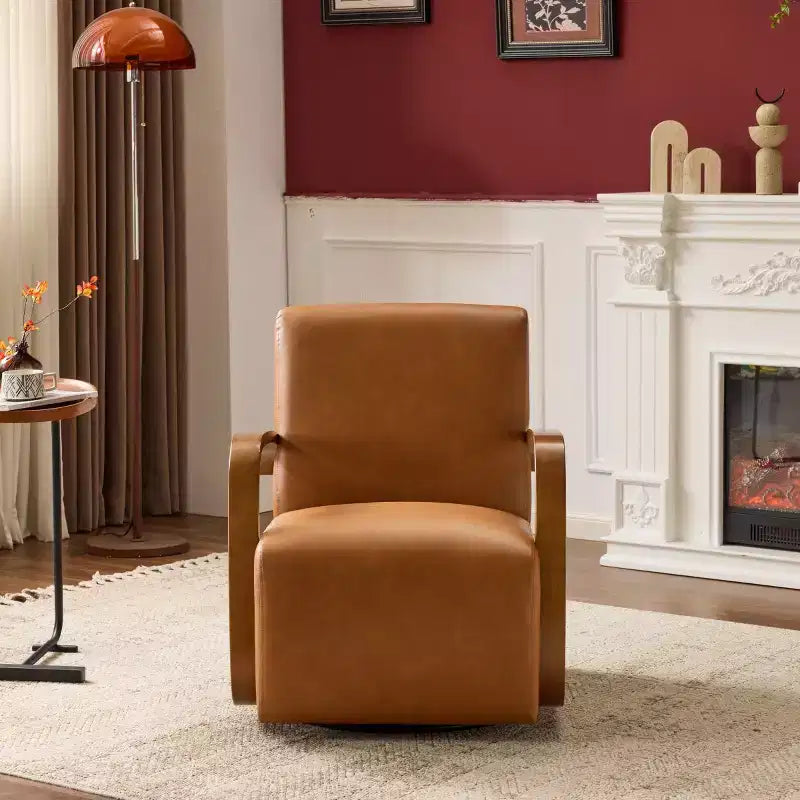 Fauteuil d'appoint pivotant à 360° avec accoudoirs incurvés en bois massif, chaise d'appoint rembourrée moderne du milieu du siècle pour salon ou coin lecture-Panipeachy