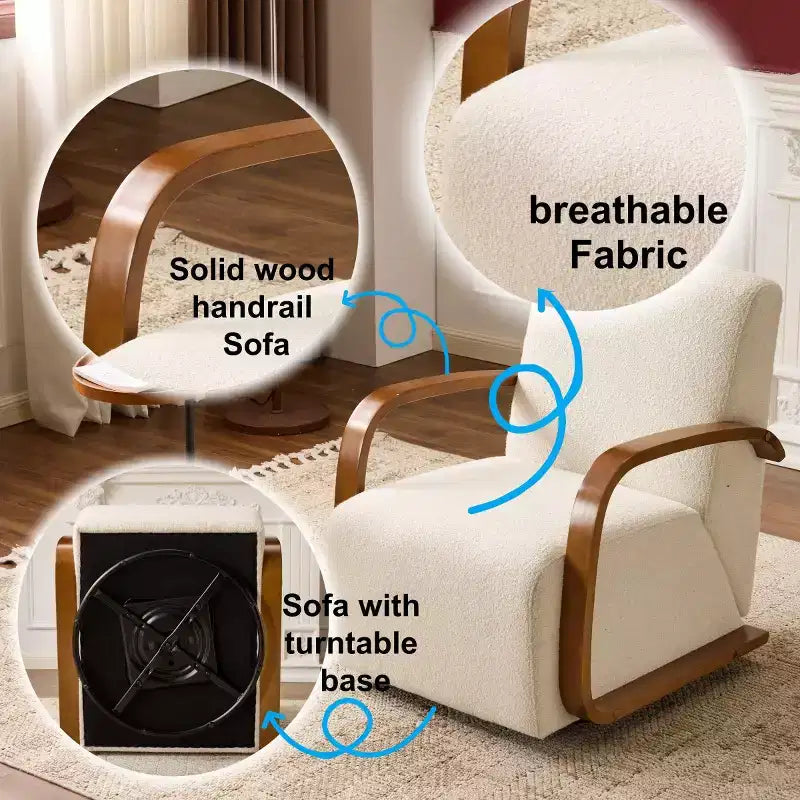 Fauteuil d'appoint pivotant à 360° avec accoudoirs incurvés en bois massif, chaise d'appoint rembourrée moderne du milieu du siècle pour salon ou coin lecture-Panipeachy