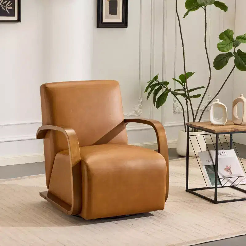 Fauteuil d'appoint pivotant à 360° avec accoudoirs incurvés en bois massif, chaise d'appoint rembourrée moderne du milieu du siècle pour salon ou coin lecture-Panipeachy
