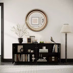 Buffet moderne noir 60 po et meuble TV, console multimédia discrète avec portes texturées à motif d'écailles - Panipeachy