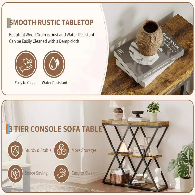 Table d'entrée à 3 niveaux COZONY, console de canapé industrielle avec rangement, cadre métallique en forme de X, étagères ouvertes pour entrée, couloir, salon