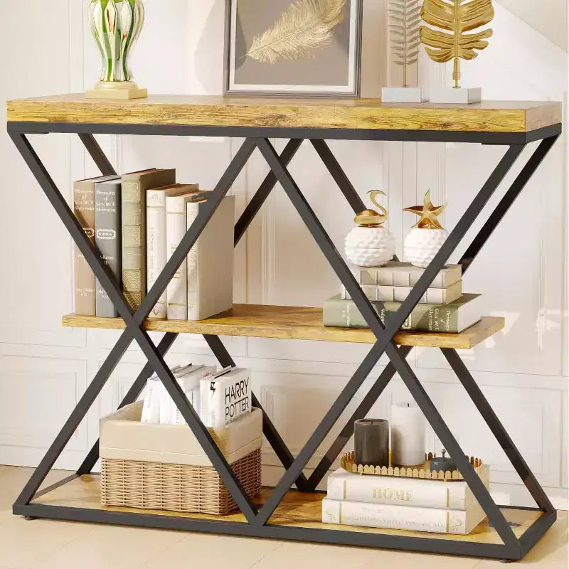 Table d'entrée à 3 niveaux COZONY, console de canapé industrielle avec rangement, cadre métallique en forme de X, étagères ouvertes pour entrée, couloir, salon