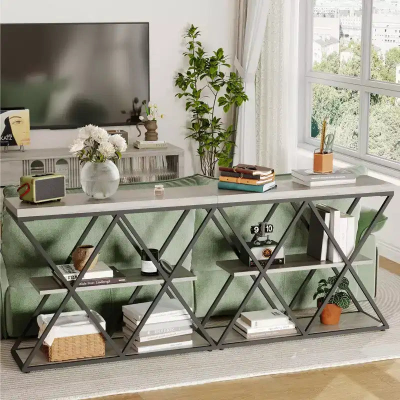 Table d'entrée à 3 niveaux COZONY, console de canapé industrielle avec rangement, cadre métallique en forme de X, étagères ouvertes pour entrée, couloir, salon