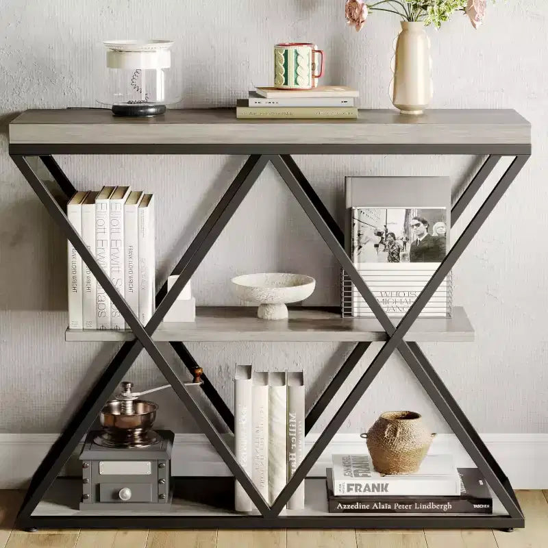 Table d'entrée à 3 niveaux COZONY, console de canapé industrielle avec rangement, cadre métallique en forme de X, étagères ouvertes pour entrée, couloir, salon