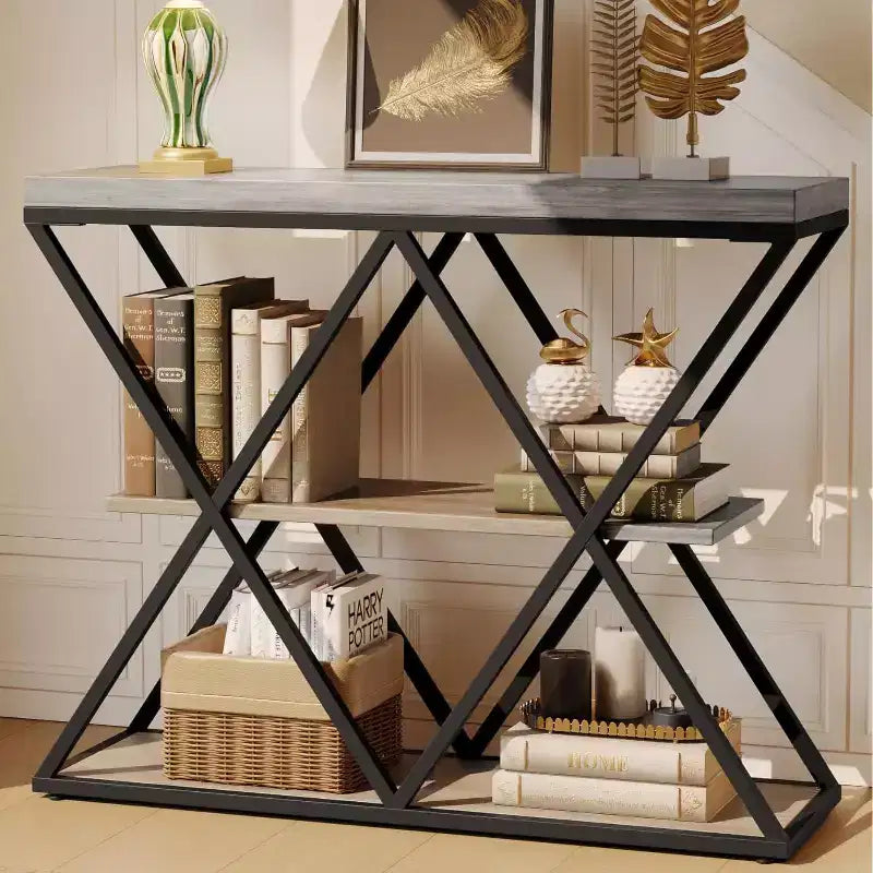 Table d'entrée à 3 niveaux COZONY, console de canapé industrielle avec rangement, cadre métallique en forme de X, étagères ouvertes pour entrée, couloir, salon