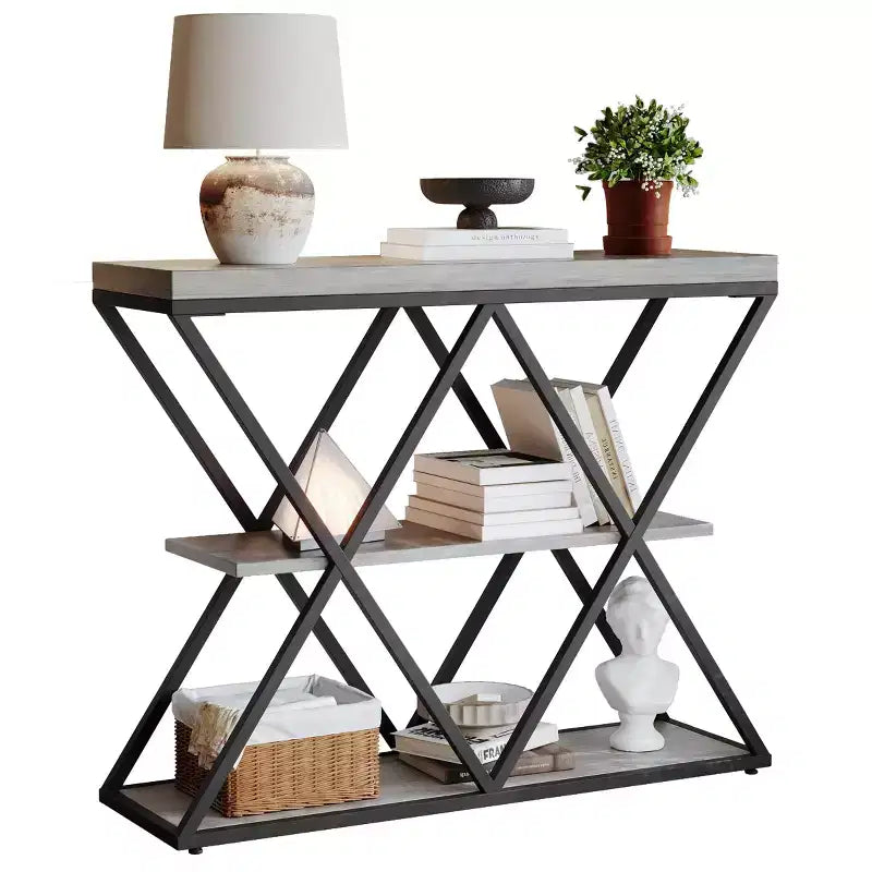 Table d'entrée à 3 niveaux COZONY, console de canapé industrielle avec rangement, cadre métallique en forme de X, étagères ouvertes pour entrée, couloir, salon