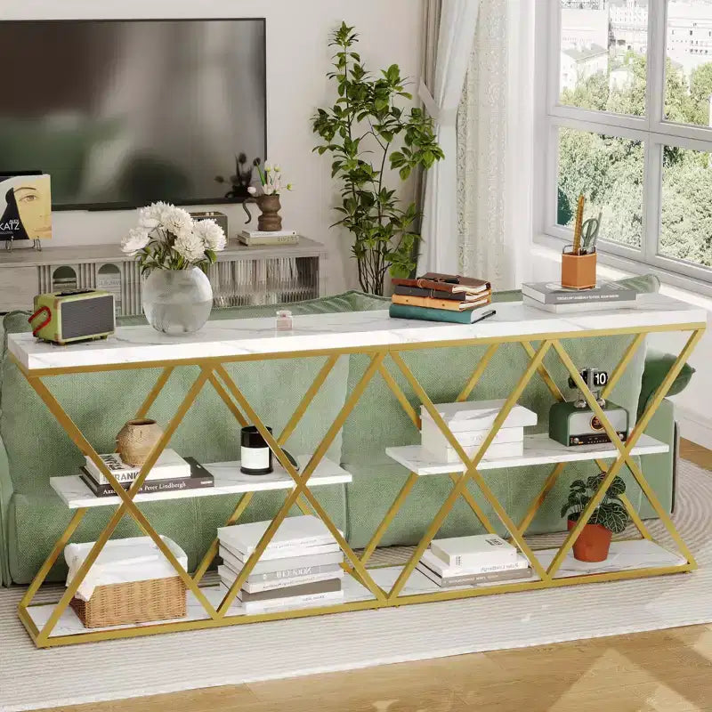 Table d'entrée à 3 niveaux COZONY, console de canapé industrielle avec rangement, cadre métallique en forme de X, étagères ouvertes pour entrée, couloir, salon