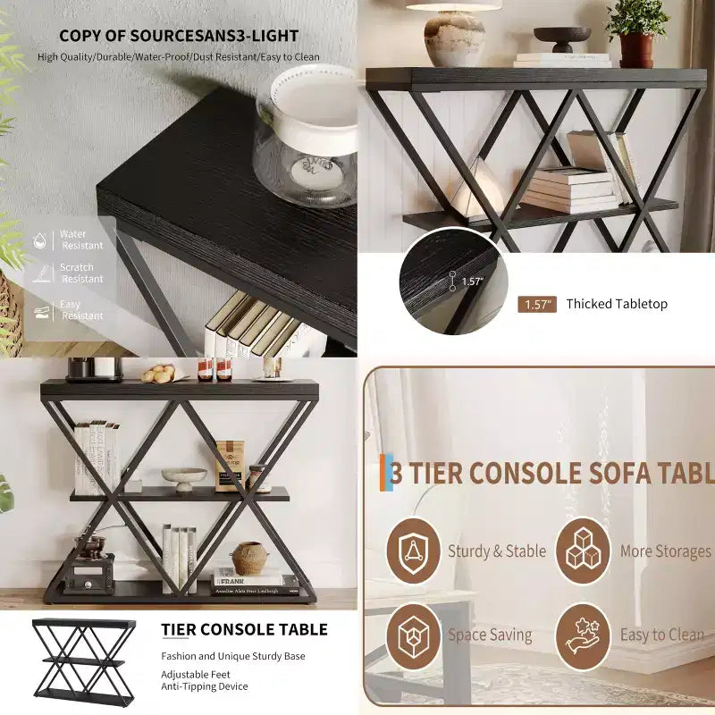 Table d'entrée à 3 niveaux COZONY, console de canapé industrielle avec rangement, cadre métallique en forme de X, étagères ouvertes pour entrée, couloir, salon