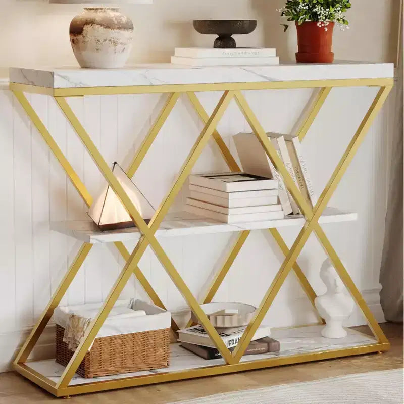 Table d'entrée à 3 niveaux COZONY, console de canapé industrielle avec rangement, cadre métallique en forme de X, étagères ouvertes pour entrée, couloir, salon