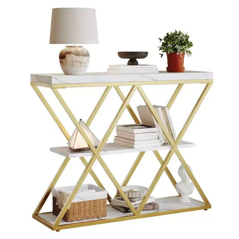 Table d'entrée à 3 niveaux COZONY, console de canapé industrielle avec rangement, cadre métallique en forme de X, étagères ouvertes pour entrée, couloir, salon