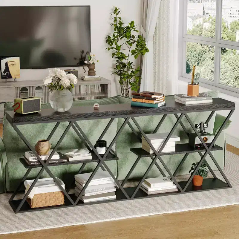 Table d'entrée à 3 niveaux COZONY, console de canapé industrielle avec rangement, cadre métallique en forme de X, étagères ouvertes pour entrée, couloir, salon
