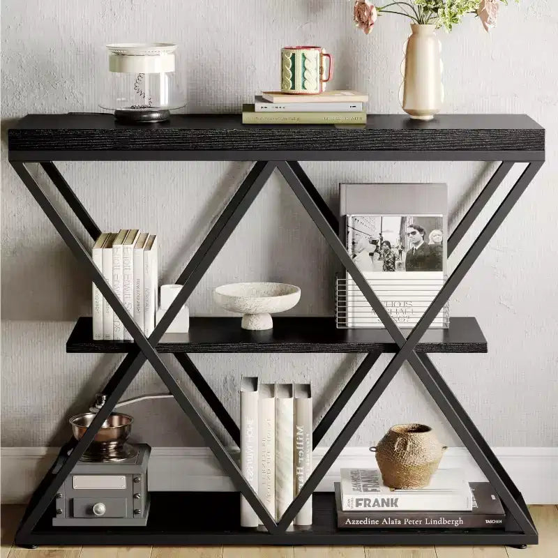Table d'entrée à 3 niveaux COZONY, console de canapé industrielle avec rangement, cadre métallique en forme de X, étagères ouvertes pour entrée, couloir, salon