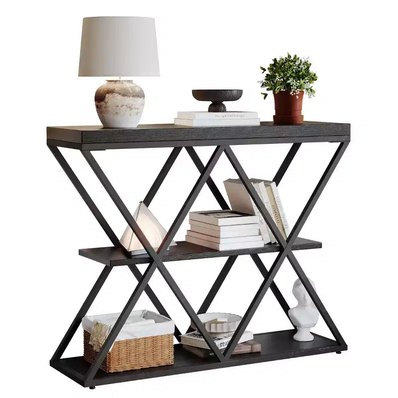 Table d'entrée à 3 niveaux COZONY, console de canapé industrielle avec rangement, cadre métallique en forme de X, étagères ouvertes pour entrée, couloir, salon