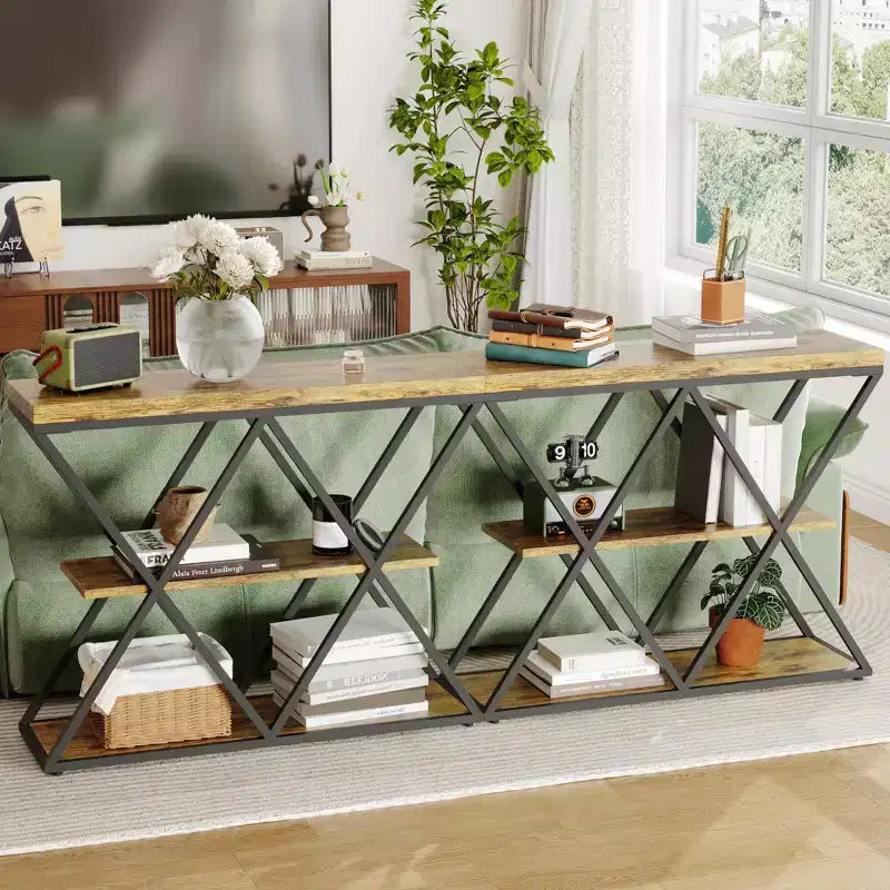 Table d'entrée à 3 niveaux COZONY, console de canapé industrielle avec rangement, cadre métallique en forme de X, étagères ouvertes pour entrée, couloir, salon