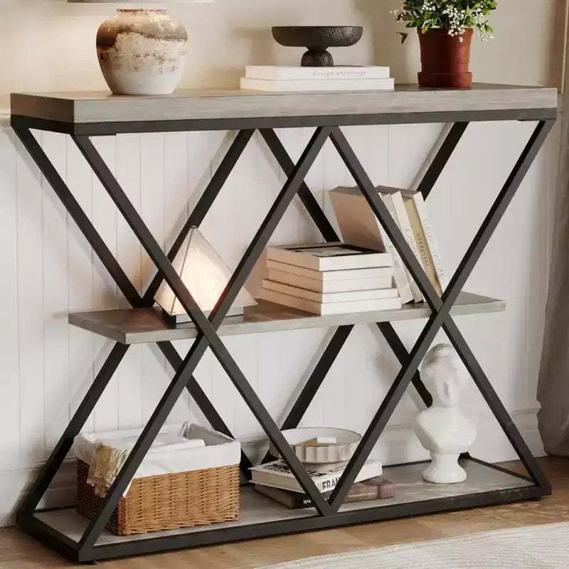Table d'entrée à 3 niveaux COZONY, console de canapé industrielle avec rangement, cadre métallique en forme de X, étagères ouvertes pour entrée, couloir, salon