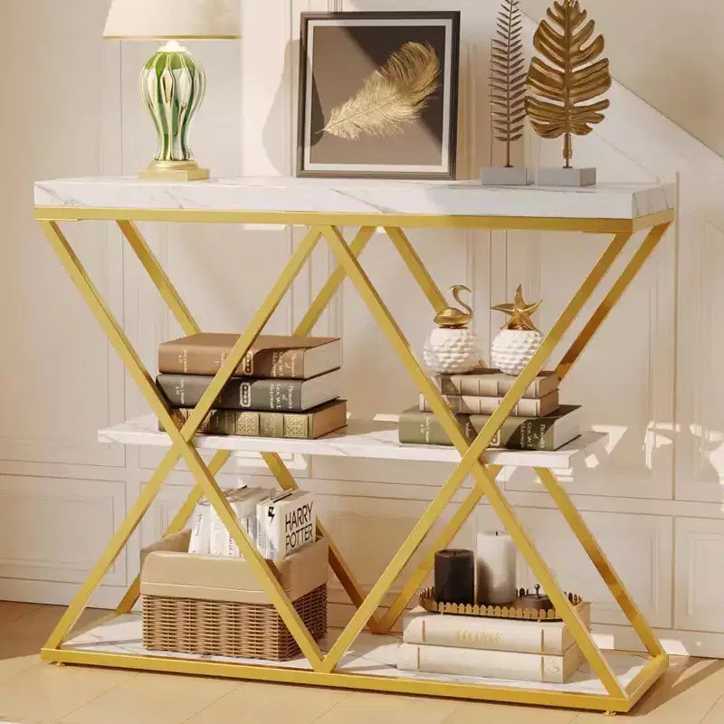 Table d'entrée à 3 niveaux COZONY, console de canapé industrielle avec rangement, cadre métallique en forme de X, étagères ouvertes pour entrée, couloir, salon