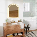Miroir de salle de bain Okak moderne en verre arqué avec double source de lumière et trois modes dimmables, miroir mural miroir de courtoisie pour salle de bain