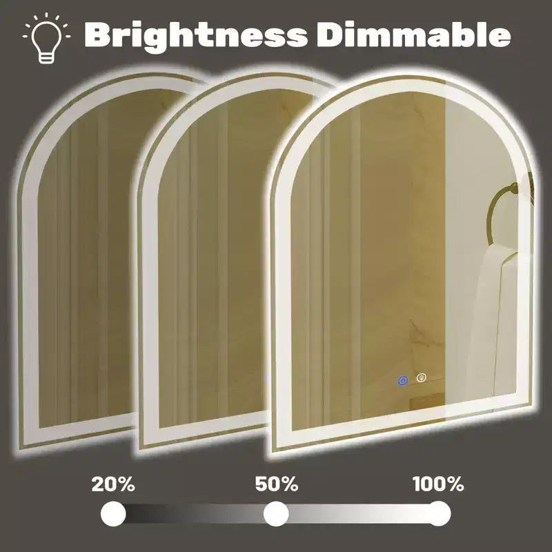 Miroir de salle de bain Okak moderne en verre arqué avec double source de lumière et trois modes dimmables, miroir mural miroir de courtoisie pour salle de bain