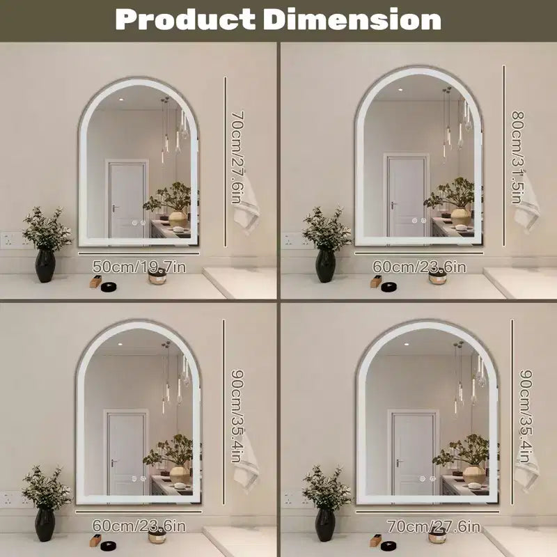 Miroir de salle de bain Okak moderne en verre arqué avec double source de lumière et trois modes dimmables, miroir mural miroir de courtoisie pour salle de bain
