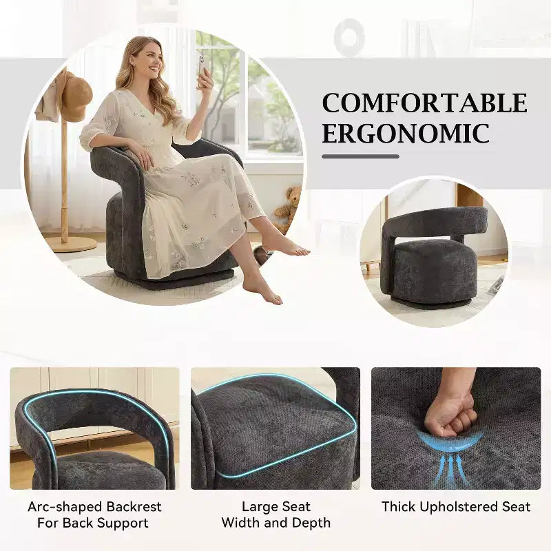 Fauteuil pivotant TUYOHW en tissu chenille, fauteuil de loisirs en forme de tonneau avec dossier incurvé, fauteuil de lecture rembourré pour salon, chambre, bureau